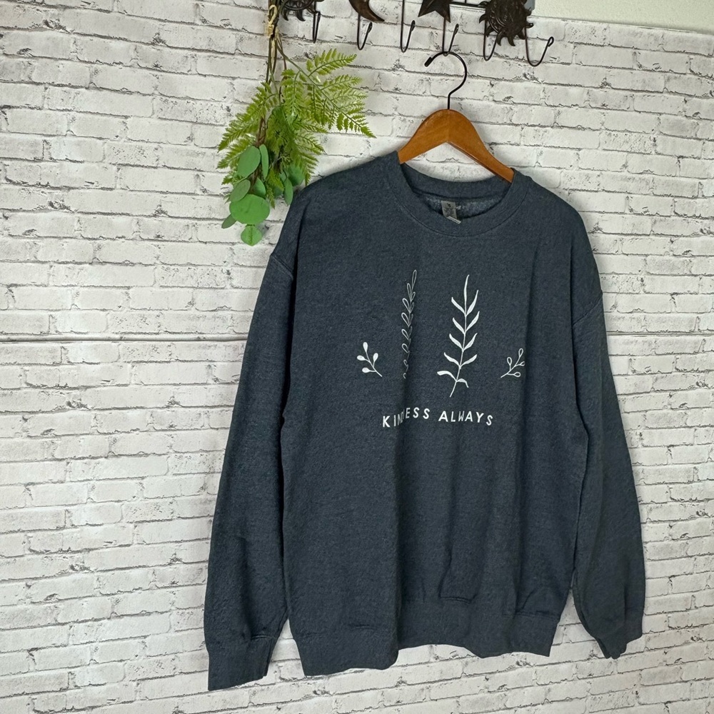 Minimalist Art Ferns Leaves Kindness Always Charcoal Gray Crewneck Sweatshirt - Picture 2 of 4